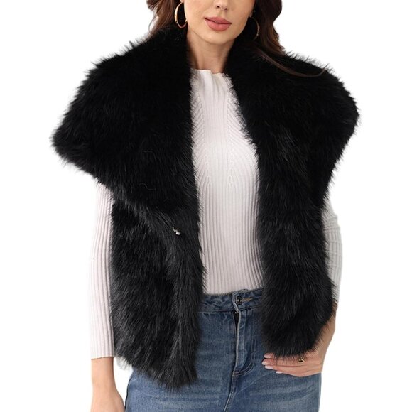 Women's Black Faux Fur Vest Lapel Collar Sleeveless Furry Jacket Shaggy Warm